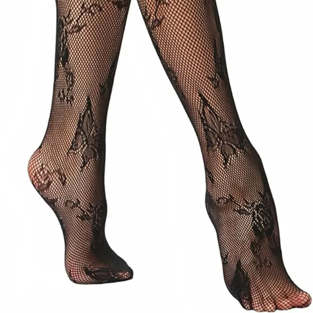 Black Fishnet Tights with‎ Butterflies New Size Large/XLarge
